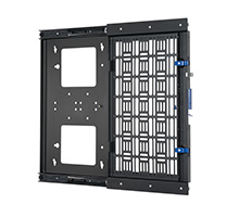 Black metal wall-mounted AV storage tray with a slide-out feature, featuring a grid pattern and blue locking mechanisms for secure storage of audio-visual equipment.
