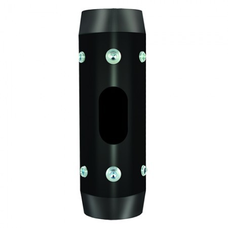 Black 50mm external pole joiner with a cylindrical shape, featuring multiple silver screws and a central opening for secure mounting.