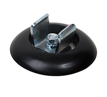 Black circular floor fixing kit with a metallic clamp and bolt for securing Ø50mm poles, designed for stability and support in installations.