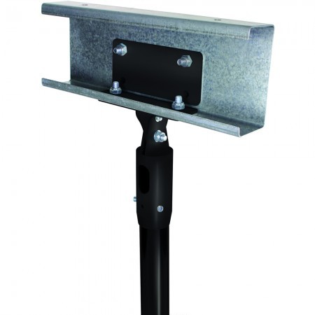 Silver metal purlin mount with a black pole attachment, featuring multiple screws and a sturdy design for Ø50mm poles, ideal for secure mounting solutions.