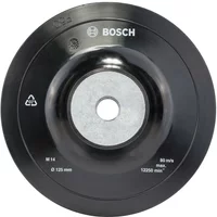 Black Bosch 125mm rubber backing pad with central metal disc and Bosch logo on top surface.
