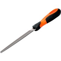 Bahco tapered edge flat file with orange and black ergonomic handle, 200mm length.