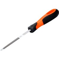 Bahco double-ended saw file with orange and black ergonomic handle, 175mm length, tapered metal file ends.