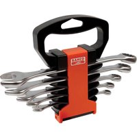 Bahco 5 Piece Chrome Polished Combination Spanner Set with black handle and orange holder, various spanner sizes.