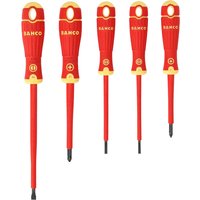 Bahco 5 Piece Insulated Screwdriver Set with red handles, yellow accents, and various flathead and Phillips tips.