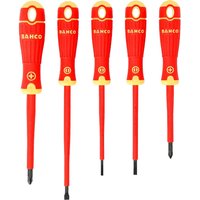 Bahco 5 Piece Insulated VDE Screwdriver Set with red and yellow handles, flat and Phillips tips.
