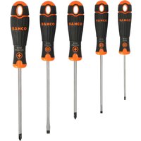 Black and orange Bahco screwdriver set with ergonomic handles and various flathead and Phillips tips.