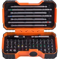 Bahco 54-piece color-coded screwdriver bit set in orange and black case with organized slots for each bit.