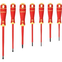 Bahco 7 Piece Insulated Screwdriver Set with red handles and yellow accents, featuring flathead and Phillips tips.