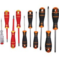 Bahco Bahcofit XL 10 Piece Screwdriver Set with red and black ergonomic handles and various flathead and Phillips tips.