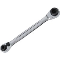 Silver Bahco reversible ratchet spanner with dual sockets, sleek design, and engraved branding on the handle.