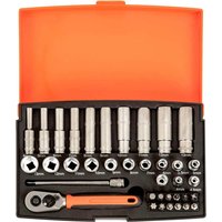Bahco SL25L 37-piece set with silver deep sockets, bits, and orange-handled ratchet in an orange and black case.