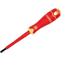 Red and yellow Bahco VDE insulated slotted screwdriver with ergonomic handle and flat blade.