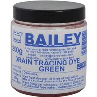 Bailey Drain Tracing Dye, green powder in a clear 200g jar with blue and white label detailing usage instructions.
