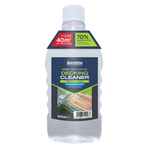 Clear plastic bottle of Barrettine Super Concentrated Deck Cleaner, 500ml, featuring a blue label with white text and a green accent, indicating it cleans 40m² of decking.