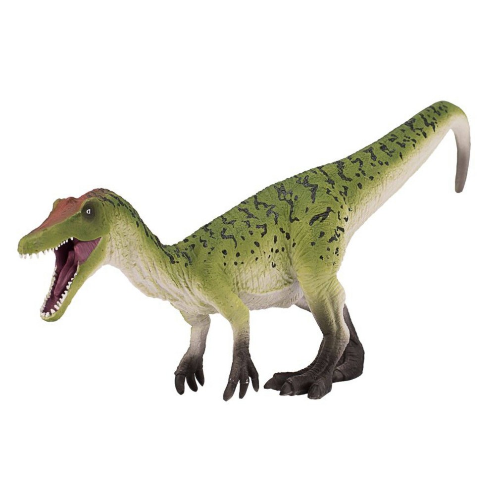 Realistic Baryonyx dinosaur figurine by MojoFun, featuring a green body with black spots, a red-brown head, and an articulated jaw for dynamic poses.