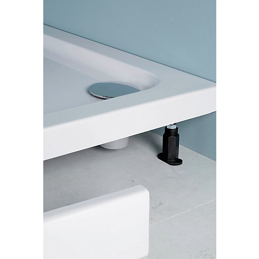White shower tray with a sleek design, featuring a chrome drain cover and black leg support, set against a light blue wall.