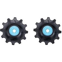 Black BBB Rollerboys BDP-06 jockey wheels with blue centers, 12T, compatible with 11/12 speed Sram systems.