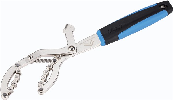 Silver metal freewheel turner with a blue rubber grip handle, featuring adjustable arms with chain links for 11-speed compatibility, designed for bicycle maintenance.