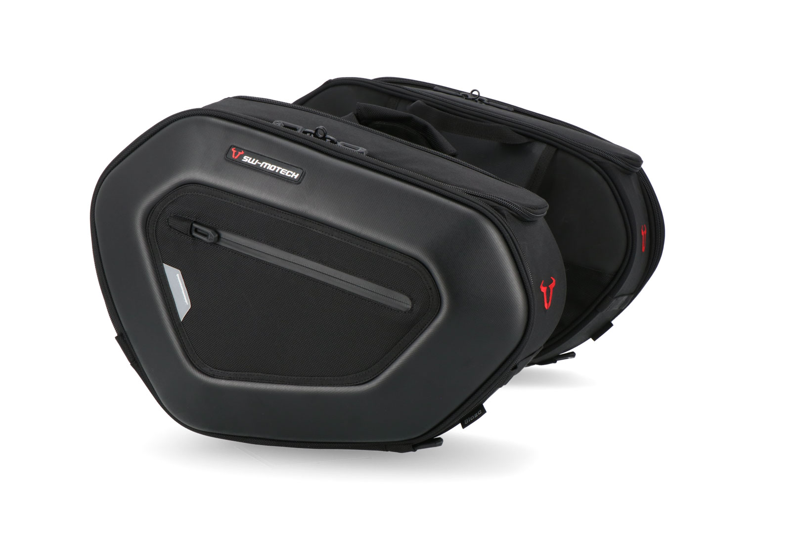 Black SW-Motech Pro Blaze saddle bags featuring a sleek design, durable material, zippered compartments, and red accents for added visibility.