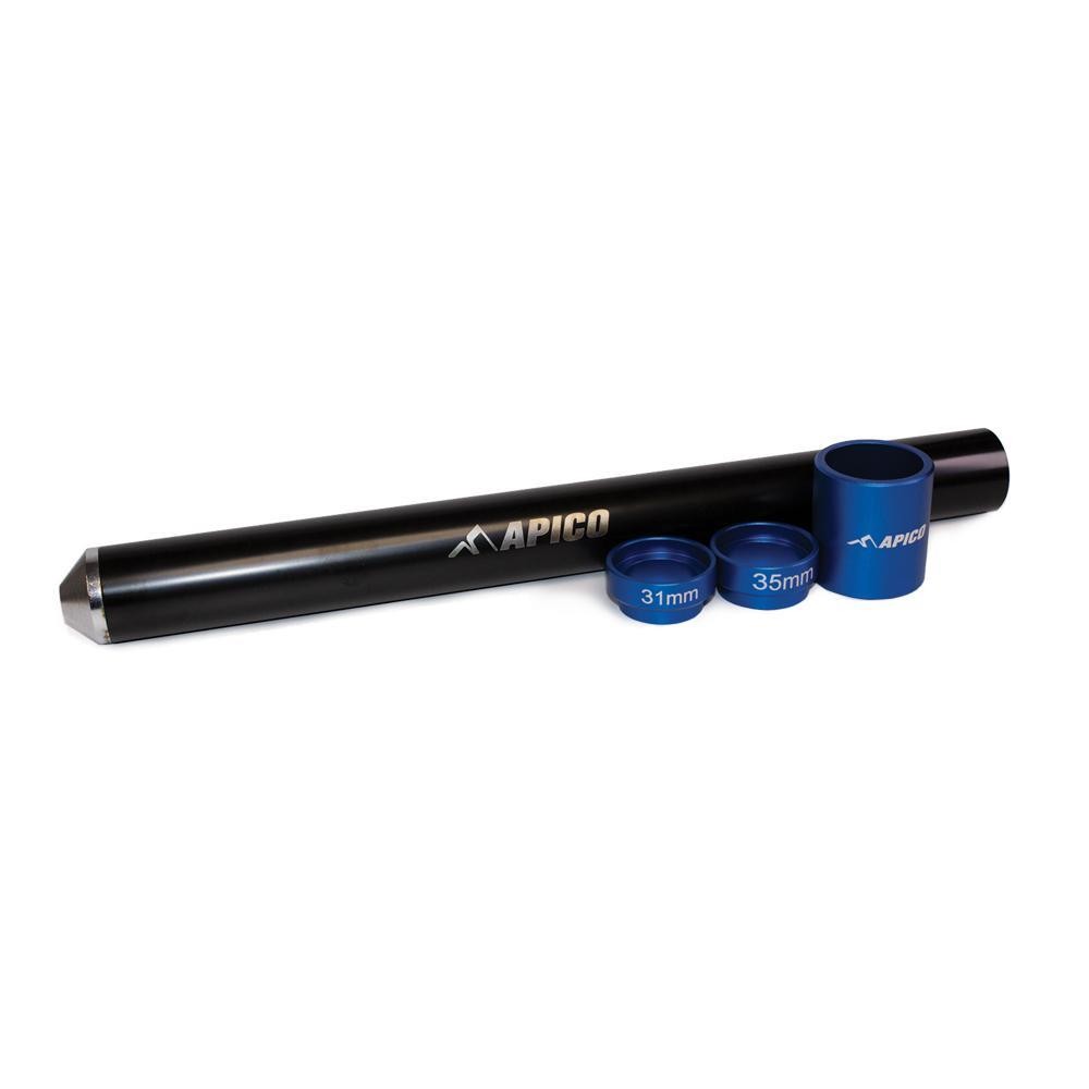 Black aluminum bearing installer tool with "APICO" logo, accompanied by three blue spacers labeled 31mm, 35mm, and a larger blue spacer, designed for steering stem bottom race bearing installation.