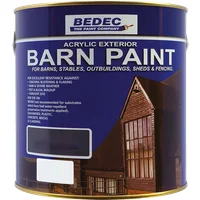 Bedec Barn Paint 2.5L can, black, matt finish, labeled for exterior use on barns and fences, with image of a barn.