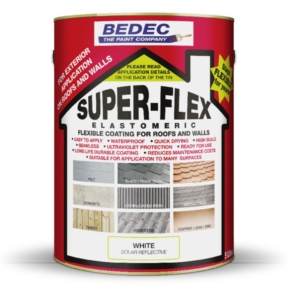 White 5L tin of Bedec Superflex elastomeric coating, featuring a house-shaped label with details on application, benefits, and various surface textures.