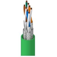Green Belden cable with braided shield, exposing four twisted pairs of colored wires.