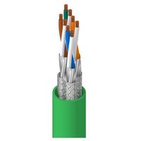 Green Belden cable with exposed twisted pairs and foil shielding, 4 pairs of #23 gauge wires.