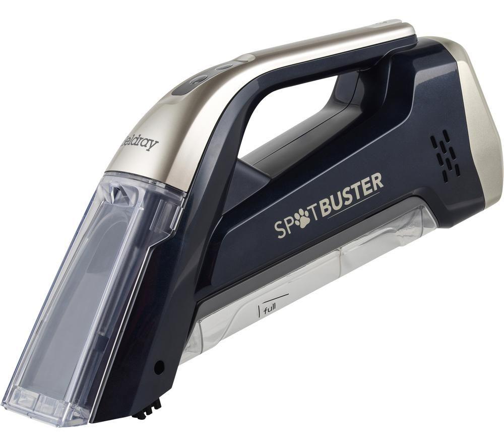 Handheld vacuum cleaner in navy and platinum colors, featuring a clear dust container, ergonomic handle, and "SPOT BUSTER" branding, designed for easy cleaning of small areas.
