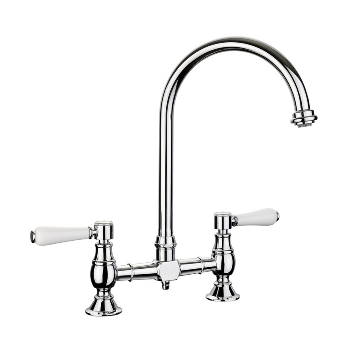 Belfast Dual Lever Bridge Tap with a polished chrome finish, featuring a high arch spout and white ceramic lever handles for hot and cold water control.