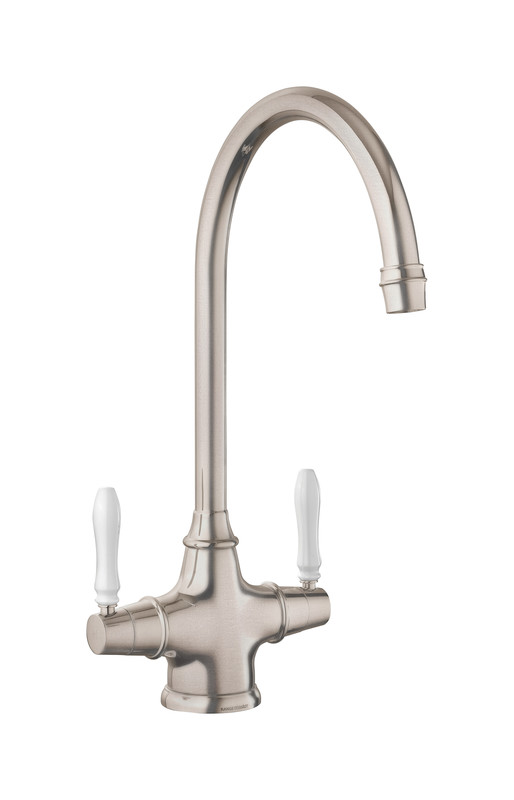Belfast Dual Lever Monobloc Tap featuring a brushed stainless steel finish, a high arched spout, and white ceramic lever handles for hot and cold water.