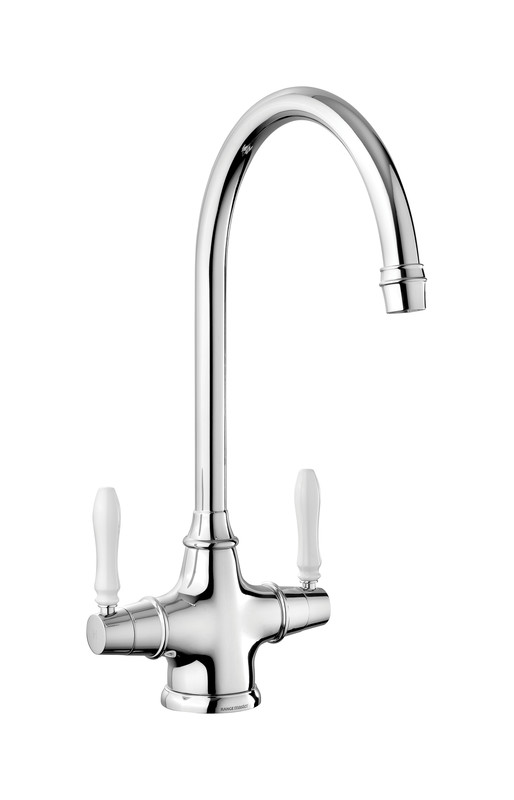 Belfast Dual Lever Monobloc Tap features a sleek chrome finish, a high arched spout, and elegant white ceramic lever handles for easy operation.