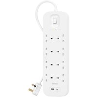 White Belkin power strip with 8 AC outlets, 2-meter cord, and flat plug design.