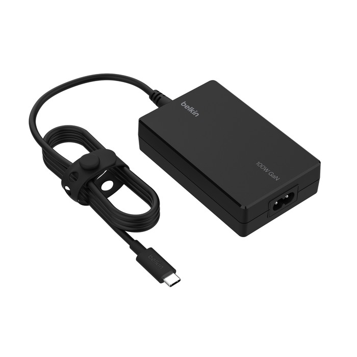 Black Belkin 100W USB-C GaN power adapter with a sleek design, featuring a USB-C port and a detachable power cord, suitable for UK and EU use.