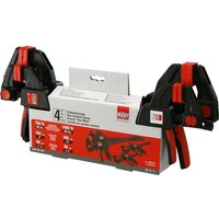 Bessey EZM EZL 4 Piece Quick Clamp Set with black and red grips, packaged in a white and red box.