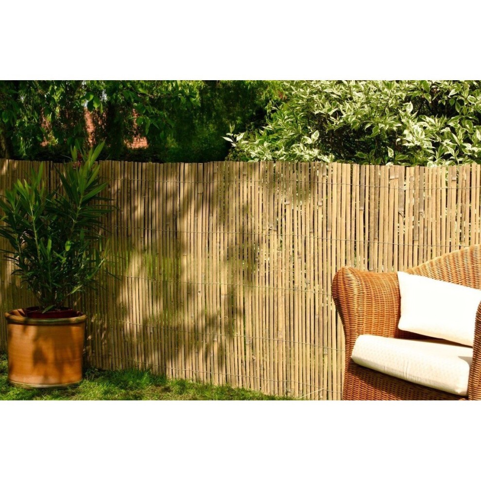 Bamboo slat screening roll measuring 4m x 1.8m, featuring natural bamboo tones, ideal for privacy and garden decoration, with a textured finish and lightweight design.