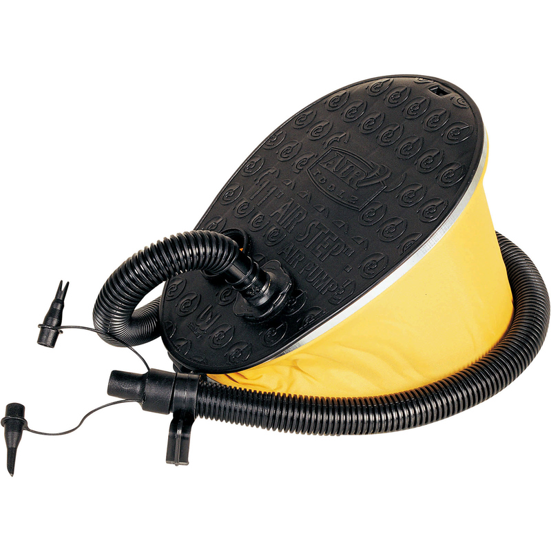 Yellow and black Bestway Bellows air pump, measuring 28x22cm, featuring a textured top for grip, flexible hose, and multiple nozzles for inflation.