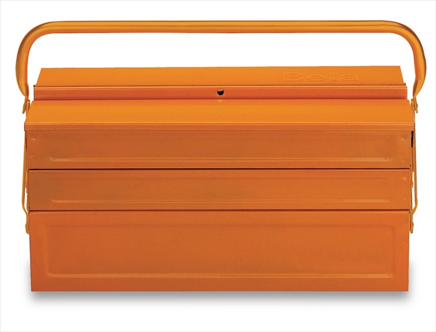 Steel tool box in vibrant orange, measuring 21-1/2 inches wide and 8 inches deep, featuring a sturdy handle and a sleek, minimalist design.