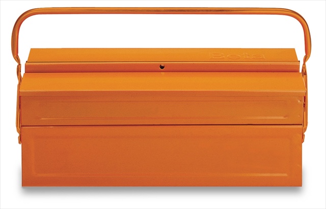 Cantilever tool box in bright orange steel, measuring 17-3/4 inches wide and 8 inches deep, featuring a sturdy handle and a sleek, minimalist design.