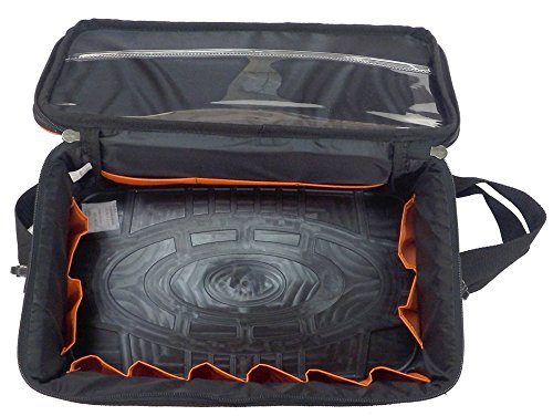 Black technical fabric tool box with orange accents, featuring a clear zippered top and multiple compartments for organized tool storage.