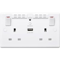 White BG Electrical 13A 2 Gang Switched Socket with Wi-Fi Extender, 1 USB port, and two switches.