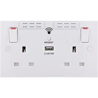 White BG Electrical 2 gang switched socket with square edge, Wi-Fi extender, USB port, and red switch accents.
