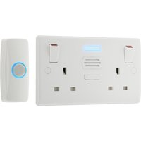White BG Electrical Nexus double switched socket with integrated door chime and illuminated push button.