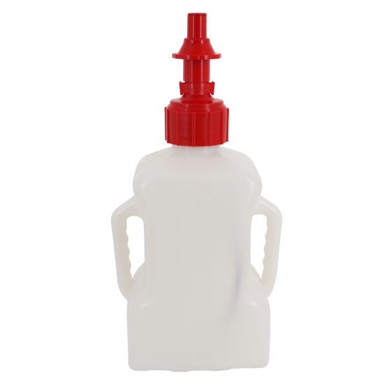 White 10L fuel can with ergonomic handles and a red spout cap, designed for easy pouring and fuel storage, featuring a durable plastic construction.