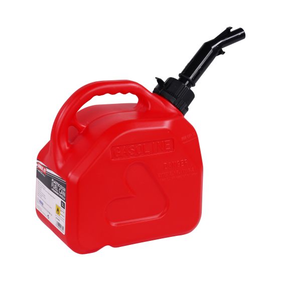 Red HDPE fuel jerry can with an auto shut-off valve, featuring a sturdy handle and a spout for easy pouring, labeled for gasoline use.