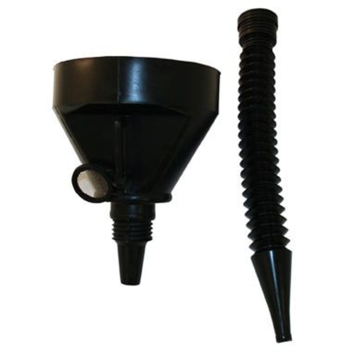 Black plastic fuel funnel with a wide top, integrated mesh filter, and a separate flexible extender tube, designed for easy pouring and fuel transfer.