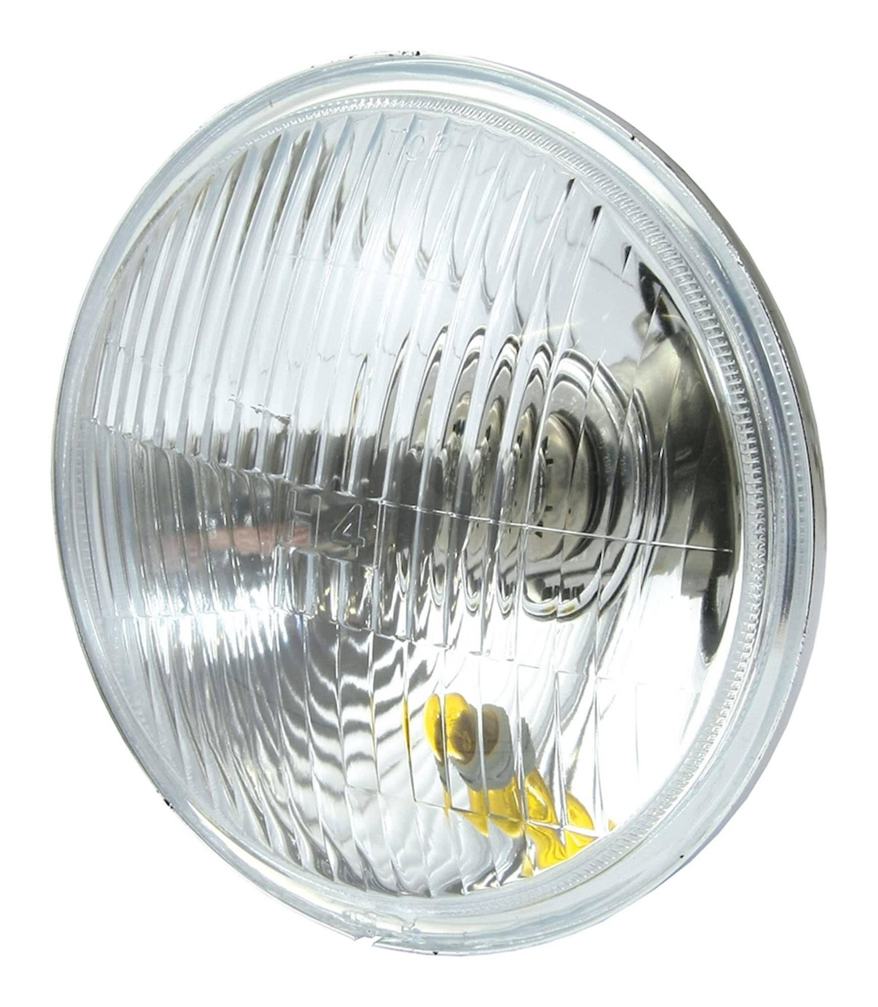 Round, clear glass headlight unit with a ribbed surface, featuring a central bulb holder, designed for 12V 60/55W Bates style motorcycles.