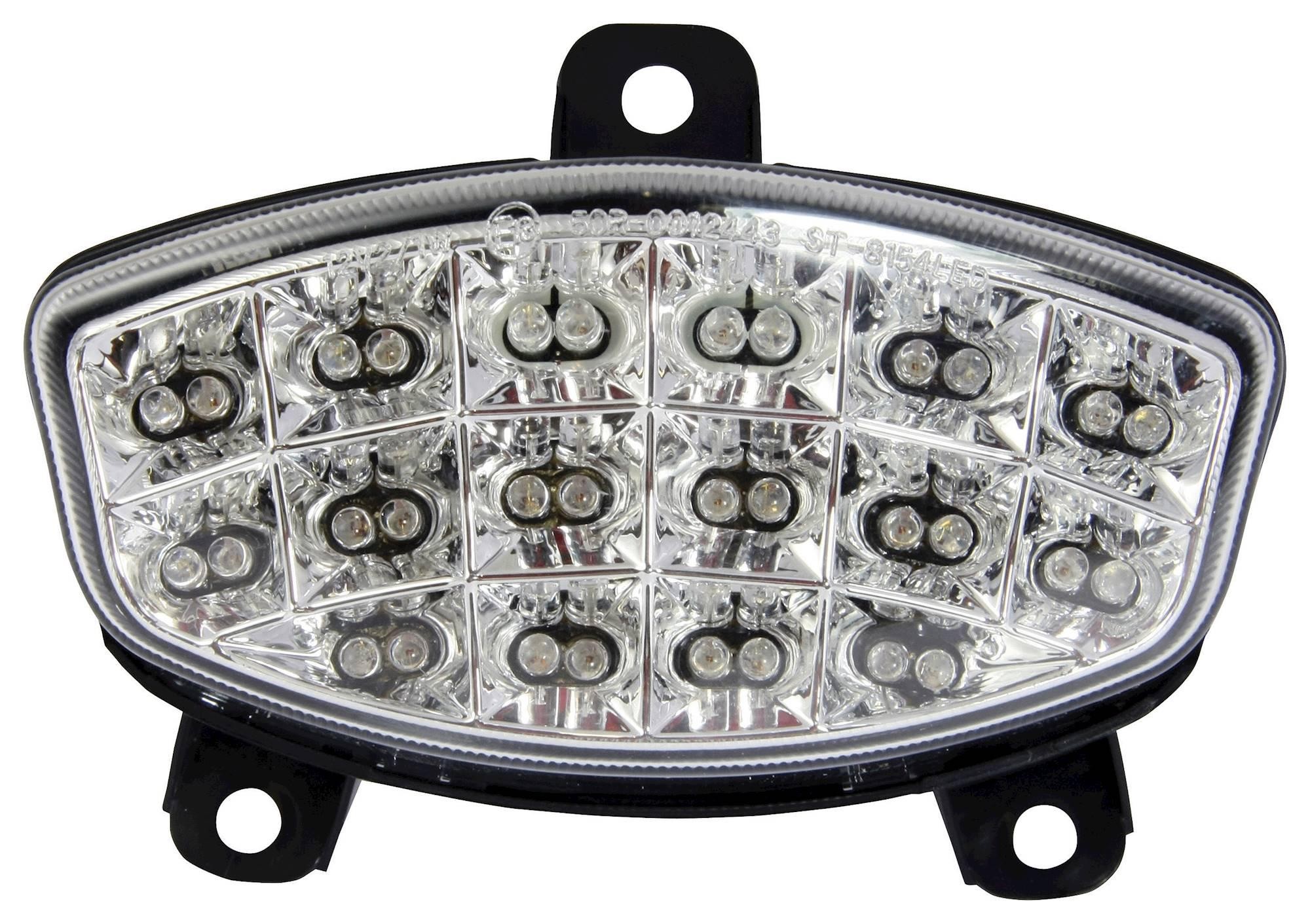LED rear tail light featuring a clear lens with multiple bright bulbs, designed for Hyosung GV650 models from 2012 to 2015, with integral indicators and a black mounting bracket.