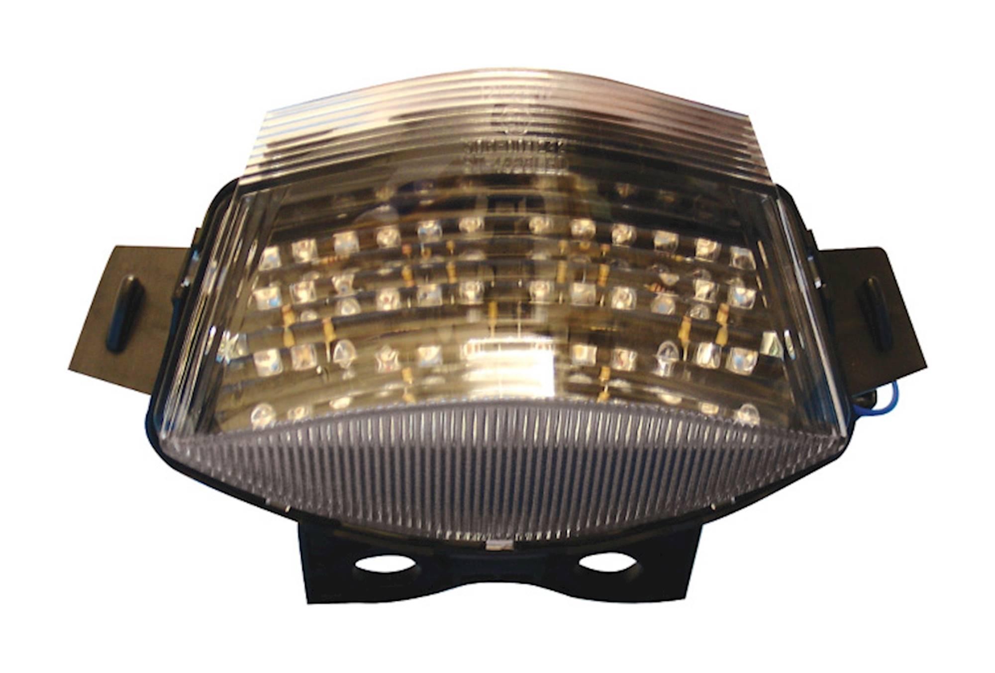 LED rear tail light with a clear lens, featuring an array of bright LEDs and integral indicators, designed for Kawasaki ER-6N models from 2005 to 2008.